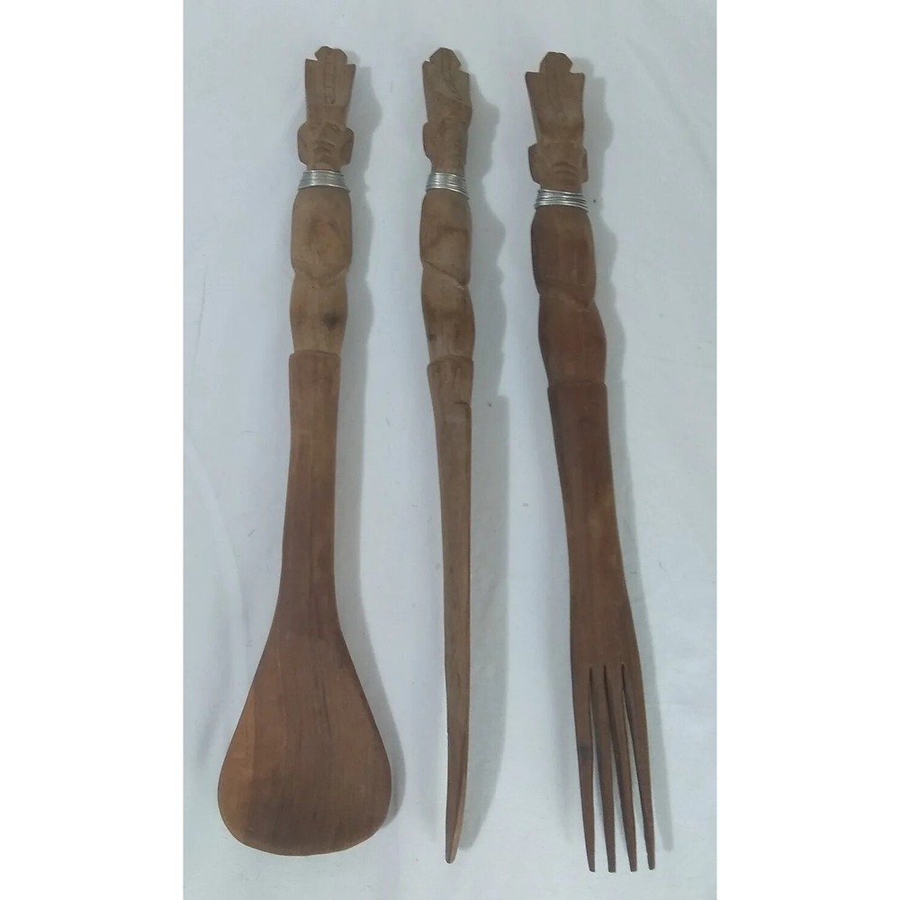 Spoon Fork Knife African Handcarved Wood Large Set 14" Tribal Decor Vintage READ